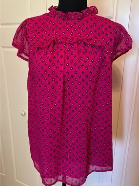 Women’s Ruffled Neck Cap-Sleeve Blouse - Fuchsia Floral Sz L
